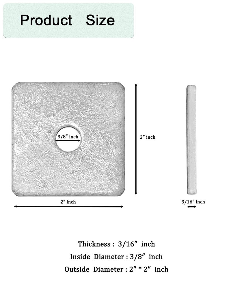Axomize 3/8" Hot Dipped Galvanized Square Washer(20-Box) Flat Pad Spacer for Square Nut Fastener Hardware(3/8"X2"X2"X0.18) - Image 2